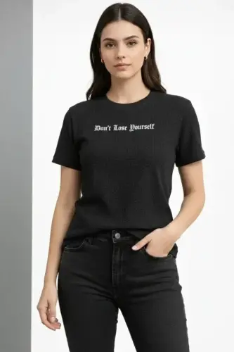 Wafıl Kumaş Tişört Regular Kalıp Bisiklet Yaka Baskılı Günlük Basic T-Shirt - Siyah - 3