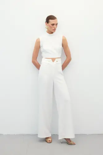 Waist Detailed Pants - Ecru-Ecru - SATEEN (1)