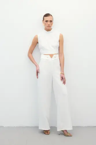 Waist Detailed Pants - Ecru-Ecru - 3