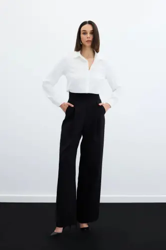 Waist Detailed Pocketed Trousers - Black-BLACK - 2