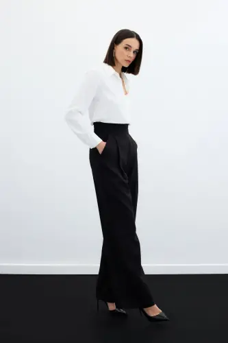 Waist Detailed Pocketed Trousers - Black-BLACK - 3