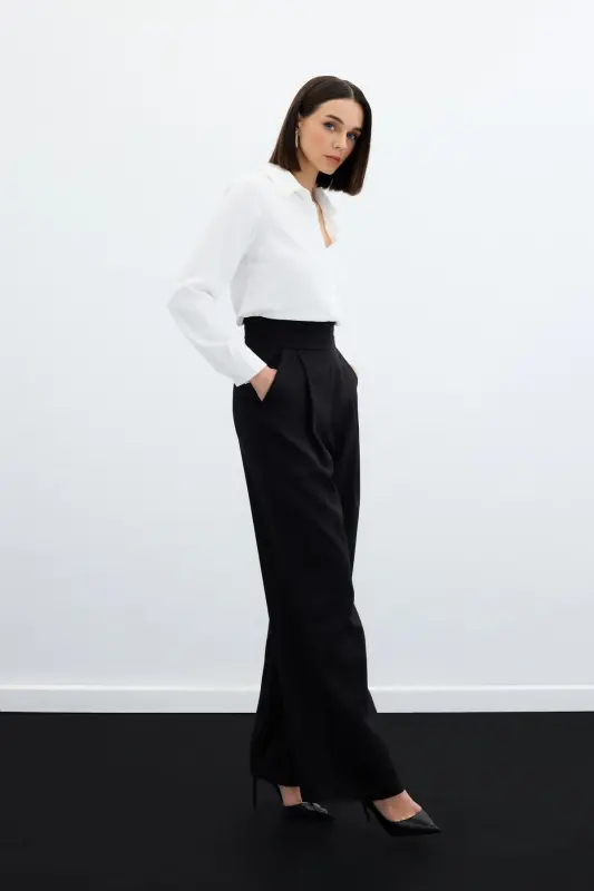 Waist Detailed Pocketed Trousers - Black-BLACK - 3