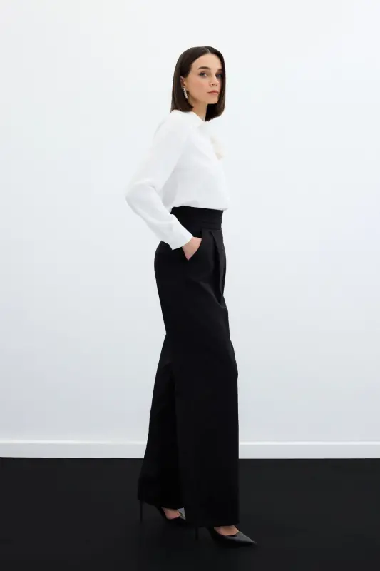 Waist Detailed Pocketed Trousers - Black-BLACK - 4