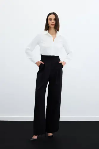 Waist Detailed Pocketed Trousers - Black-BLACK - SATEEN (1)
