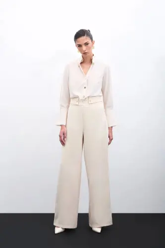 Waist Detailed Trousers - Beige-BEIGE - 1