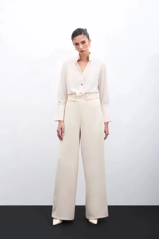 Waist Detailed Trousers - Beige-BEIGE - 1