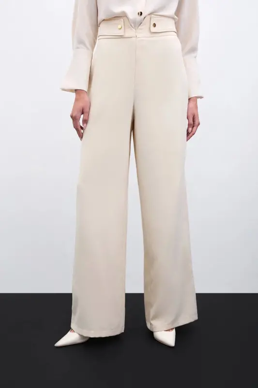 Waist Detailed Trousers - Beige-BEIGE - 3