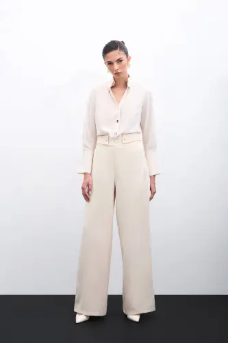 Waist Detailed Trousers - Beige-BEIGE - 1