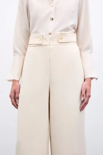 Waist Detailed Trousers - Beige-BEIGE - SATEEN (1)