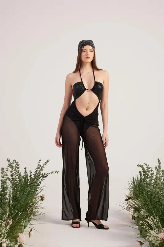 Waist Detailed Tulle Pareo Shirred Pants Black-S - 4