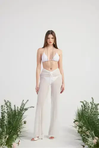 Waist Detailed Tulle Pareo Shirred Pants White-B - 2