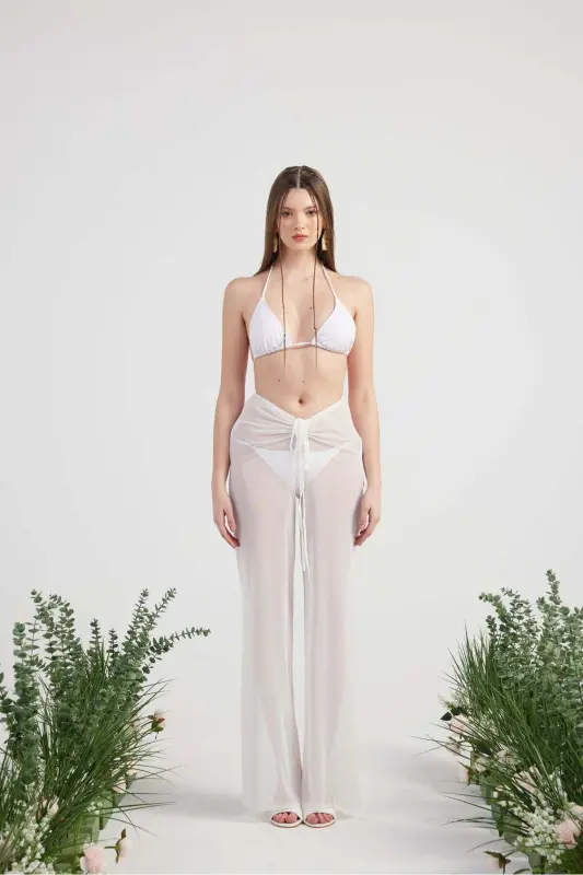 Waist Detailed Tulle Pareo Shirred Pants White-B - 2