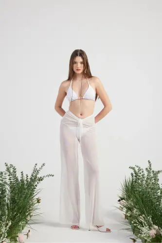 Waist Detailed Tulle Pareo Shirred Pants White-B - 4