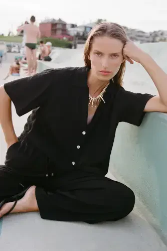 WAIST ELASTIC WIDE LEG TROUSERS-Black - 1