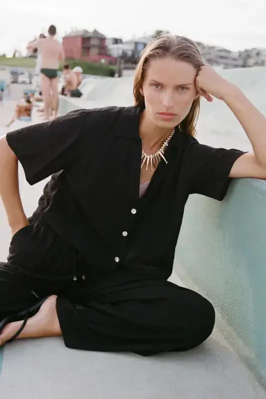 WAIST ELASTIC WIDE LEG TROUSERS-Black - 1