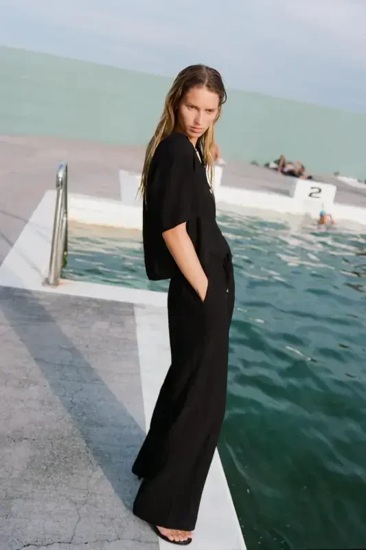 WAIST ELASTIC WIDE LEG TROUSERS-Black - 5