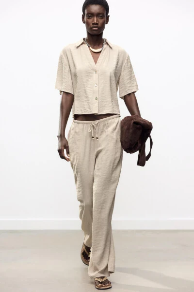 WAIST ELASTIC WIDE LEG TROUSERS-Sand - zara