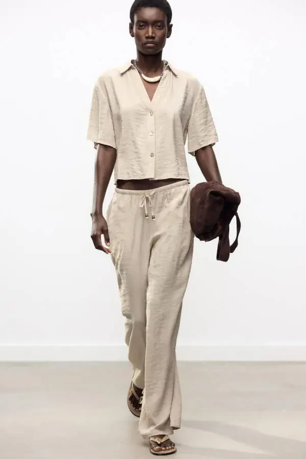 WAIST ELASTIC WIDE LEG TROUSERS-Sand - 1