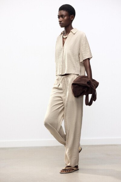 WAIST ELASTIC WIDE LEG TROUSERS-Sand - 3