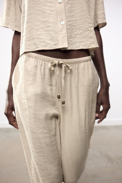 WAIST ELASTIC WIDE LEG TROUSERS-Sand - 4