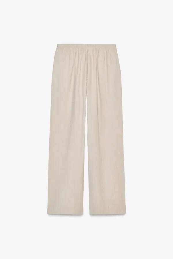 WAIST ELASTIC WIDE LEG TROUSERS-Sand - 6