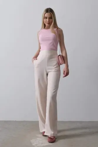 Waist Half Elastic Palazzo Pants - Powder - BÜYÜKBEDENIZ (1)
