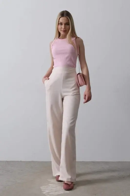 Waist Half Elastic Palazzo Pants - Powder - 2