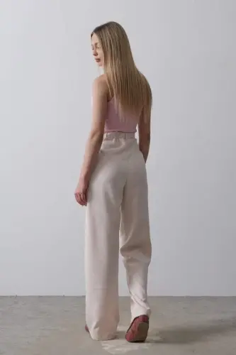 Waist Half Elastic Palazzo Pants - Powder - 3