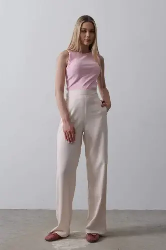 Waist Half Elastic Palazzo Pants - Powder - 4