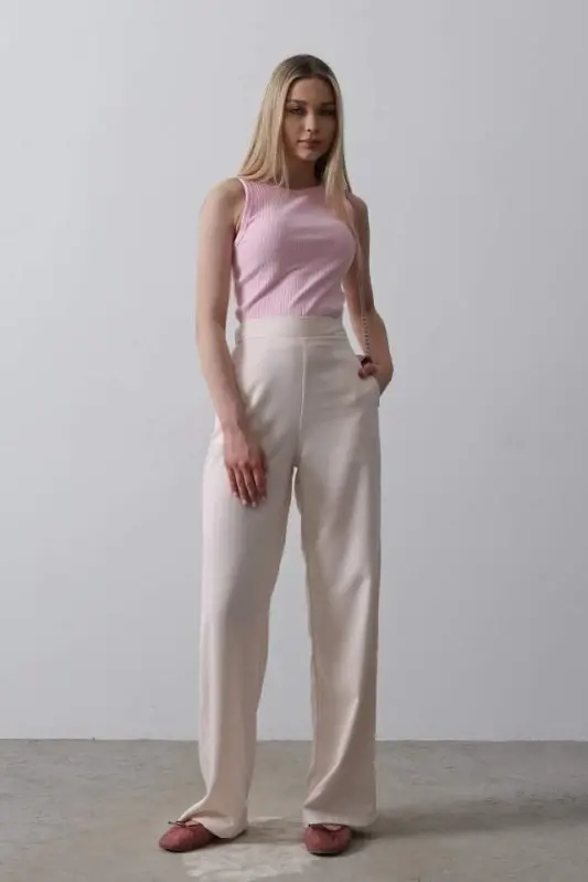 Waist Half Elastic Palazzo Pants - Powder - 4