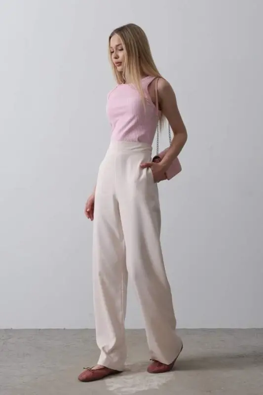 Waist Half Elastic Palazzo Pants - Powder - 5