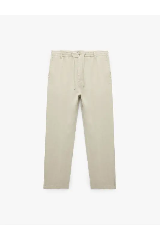 Waist Tie Buttoned Pocket Detailed Linen Chino Pants - 3