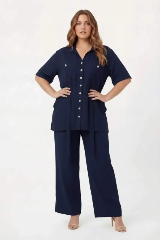 Waist Tie Detailed Women's Plus Size Jacket Trousers Two-Piece Set Navy Blue - 1