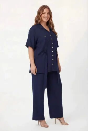 Waist Tie Detailed Women's Plus Size Jacket Trousers Two-Piece Set Navy Blue - 3