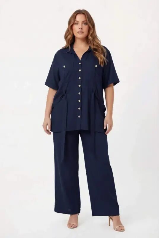 Waist Tie Detailed Women's Plus Size Jacket Trousers Two-Piece Set Navy Blue - 4