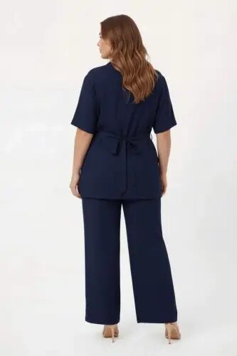Waist Tie Detailed Women's Plus Size Jacket Trousers Two-Piece Set Navy Blue - 5
