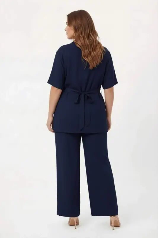 Waist Tie Detailed Women's Plus Size Jacket Trousers Two-Piece Set Navy Blue - 5