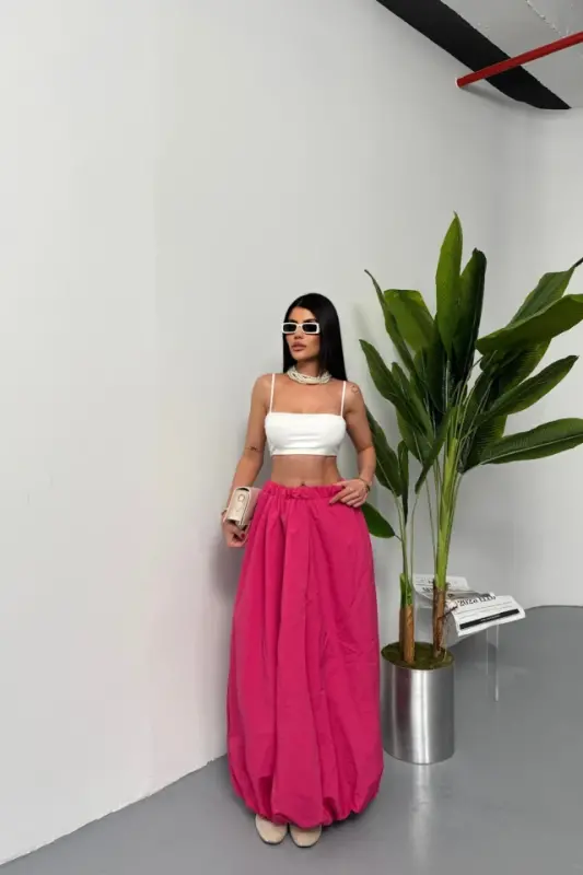 WAISTBAND BALLOON SKIRT CHANEL BOY SOFT FABRIC - Fuchsia - BÜYÜKBEDENIZ