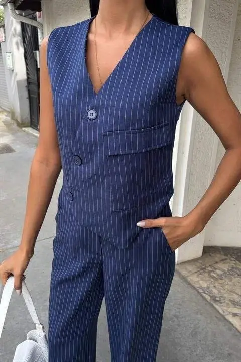 Waistcoat with Cross Detail, Buttoned and Pockets Vest Suit 10150 - 3