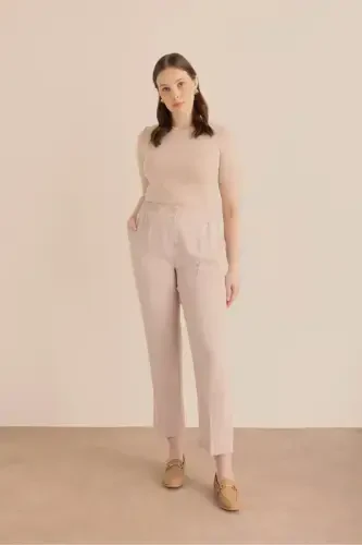 Waisted Detailed Woven Carrot Trousers-Beige - 1