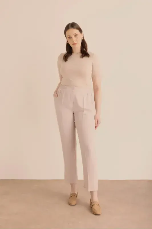 Waisted Detailed Woven Carrot Trousers-Beige - 1