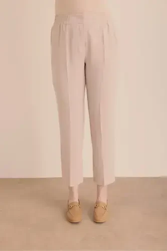 Waisted Detailed Woven Carrot Trousers-Beige - 3