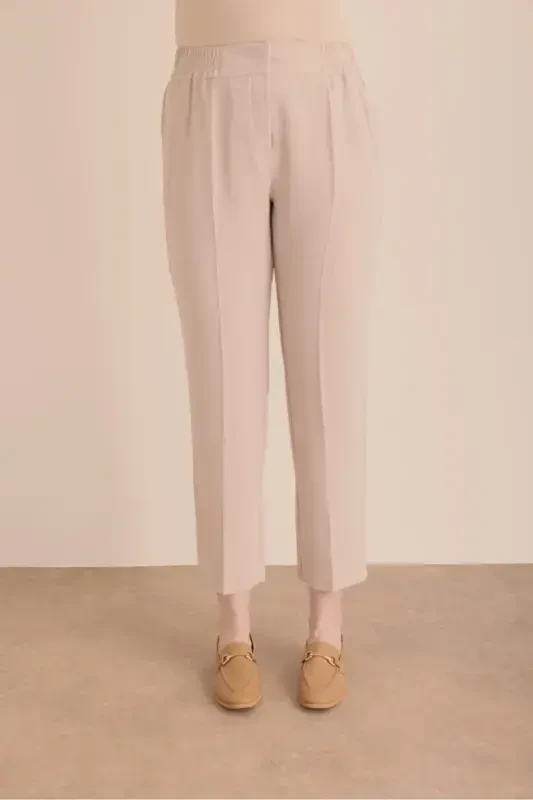 Waisted Detailed Woven Carrot Trousers-Beige - 3
