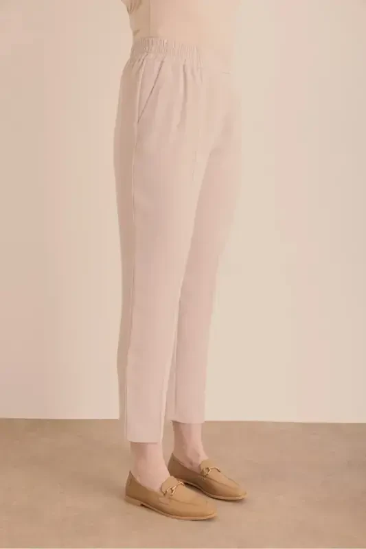 Waisted Detailed Woven Carrot Trousers-Beige - 5