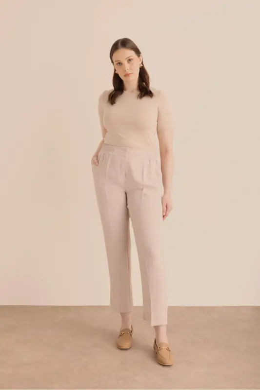 Waisted Detailed Woven Carrot Trousers-Beige - AKER