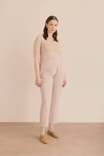 Waisted Detailed Woven Carrot Trousers-Beige - AKER (1)