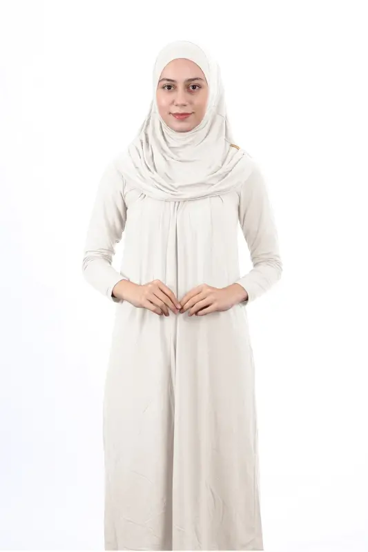 Waiter Boy 12-15 Age Cream Self-Headscarf One Piece Women's Prayer Dress-White - IHVAN ONLINE