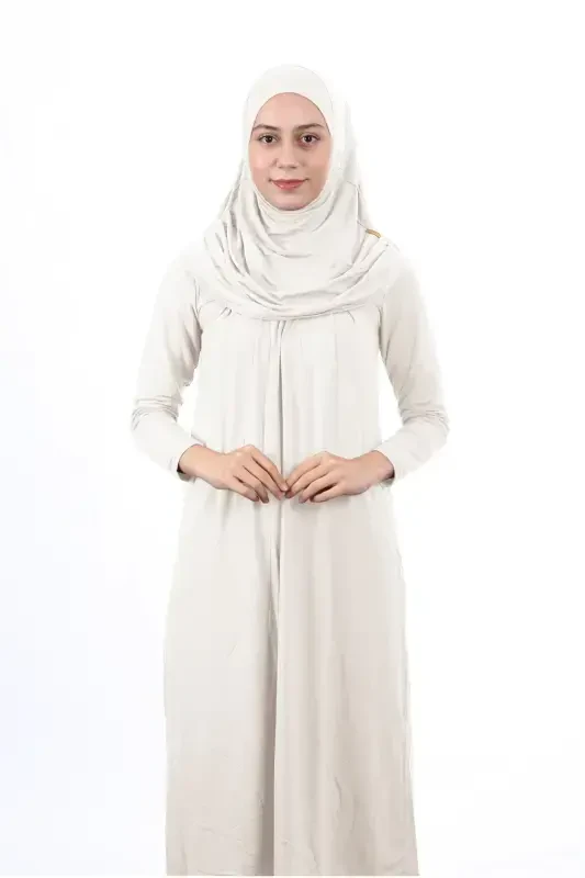 Waiter Boy 12-15 Age Cream Self-Headscarf One Piece Women's Prayer Dress-White - 1