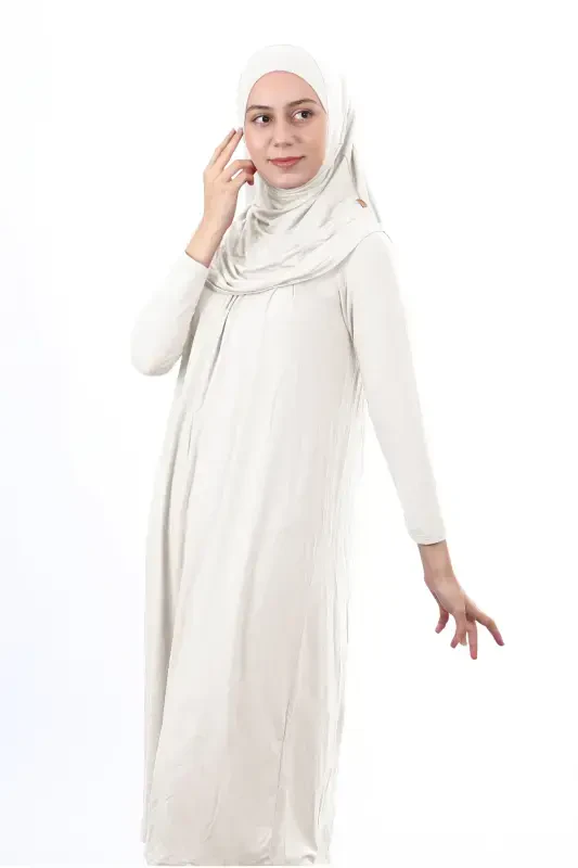 Waiter Boy 12-15 Age Cream Self-Headscarf One Piece Women's Prayer Dress-White - 2