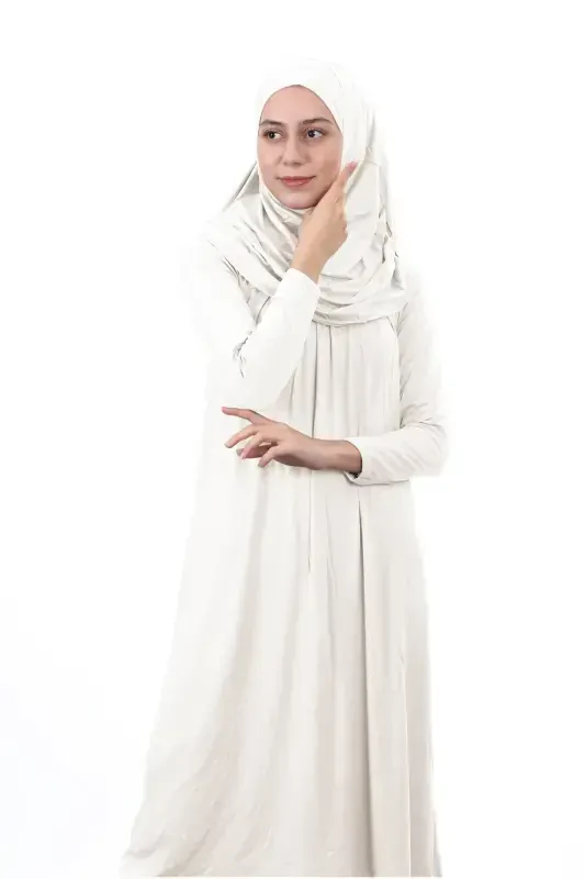 Waiter Boy 12-15 Age Cream Self-Headscarf One Piece Women's Prayer Dress-White - 3